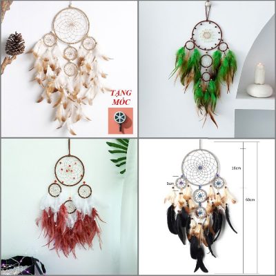 Bùa bắt giấc mơ, dreamcatcher, chuông gió trang trí 2 tầng gắn lông vũ trang trí tặng móc treo tường, Đèn led